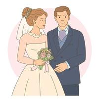 Young and cheerful just married couple, First meet of bride and groom. vector