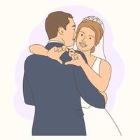 Wedding couple hug each other and make a heart with their hands vector