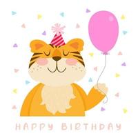 Happy birthday card. Funny little tiger with balloon. vector