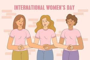 equipo de mujeres tomados de la mano, celebración del día internacional de la mujer vector