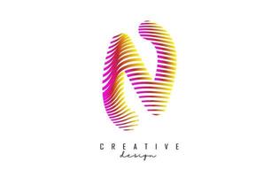 Letter N logo with vibrant colourful twisted lines. Creative vector illustration with zebra, finger print pattern lines.