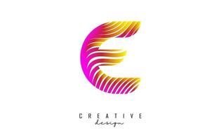 Letter E logo with vibrant colourful twisted lines. Creative vector illustration with zebra, finger print pattern lines.