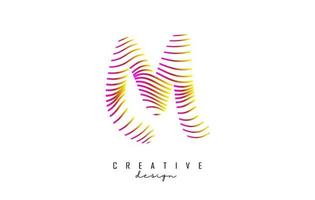 Letter M logo with vibrant colourful twisted lines. Creative vector illustration with zebra, finger print pattern lines.