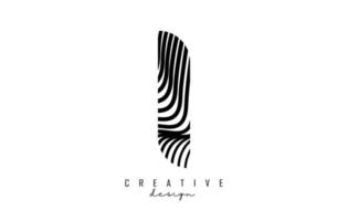 Letter I logo with black twisted lines. Creative vector illustration with zebra, finger print pattern lines.