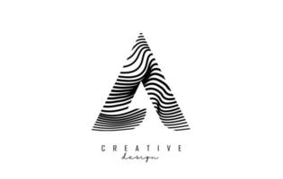 Letter A logo with black twisted lines. Creative vector illustration with zebra, finger print pattern lines.
