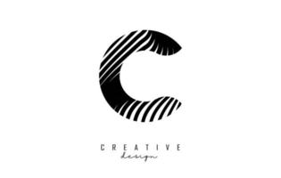 Letter C logo with black twisted lines. Creative vector illustration with zebra, finger print pattern lines.