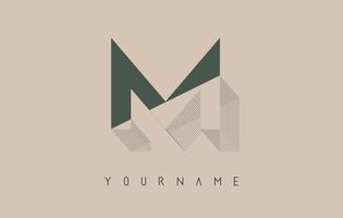 Wireframe M Letter Logo Design in two colors. Creative vector illustration with wired, mirrored outline frame.