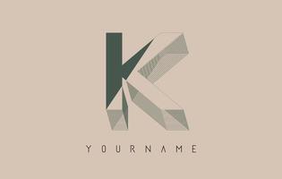 Wireframe K Letter Logo Design in two colors. Creative vector illustration with wired, mirrored outline frame.