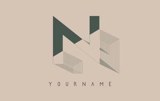 Wireframe N Letter Logo Design in two colors. Creative vector illustration with wired, mirrored outline frame.