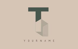 Wireframe T Letter Logo Design in two colors. Creative vector illustration with wired, mirrored outline frame.