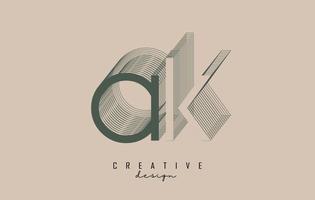 Wireframe Ak Letter Logo Design in two colors. Creative vector illustration with wired, mirrored outline frame.