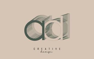 Wireframe AD Letter Logo Design in two colors. Creative vector illustration with wired, mirrored outline frame.