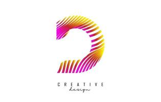 Letter D logo with vibrant colourful twisted lines. Creative vector illustration with zebra, finger print pattern lines.