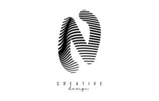 Letter M logo with black twisted lines. Creative vector illustration with zebra, finger print pattern lines.