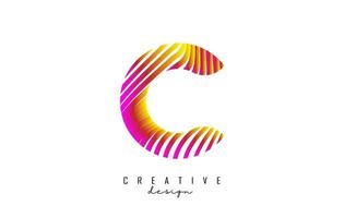 Letter C logo with vibrant colourful twisted lines. Creative vector illustration with zebra, finger print pattern lines.