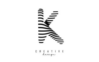 Letter K logo with black twisted lines. Creative vector illustration with zebra, finger print pattern lines.