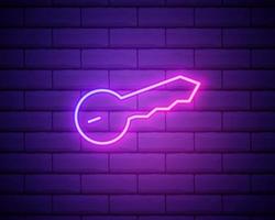 Glowing neon Cryptocurrency key icon isolated on brick wall background. Concept of cyber security or private key, digital key with technology interface. Vector