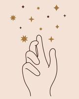 The right female hand creates stars and planets. Vintage vector icon, symbol of astrology, astronomy, alchemy, occultism. Boho sign, magical clipart for decoration, cosmetics design, beauty salon, web