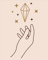 The female right hand holds a magic crystal. The mysterious stone sparkles, soars. Boho symbol for esoteric sessions, spiritual practices, astrology, alchemy. Vector icon for decoration, design