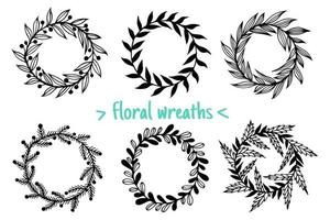 Floral wreaths vector set. Hand-drawn illustration isolated on white background. Garlands of plants with leaves, berries, inflorescences. Frames from herbs. Round monochrome elements.