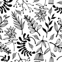Flowers and branches seamless vector pattern. Hand-drawn illustrations. Black silhouettes of field plants with berries, inflorescences. Outline of twigs with leaves, seeds. Monochrome.