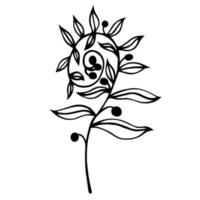Swirling flower vector icon. Hand-drawn illustration isolated on white background. Twig with leaves, round berries. Botanical sketch. Outline of a field plant. Monochrome natural element