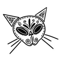 icono de vector de cráneo de gato de azúcar blanco. ilustración dibujada a mano aislada sobre fondo blanco. cabeza decorada de un lindo gatito. boceto para el día de los muertos. contorno de hueso de mascota. máscara de animal festivo.