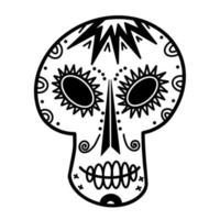 icono de vector de cráneo de azúcar blanco. garabato dibujado a mano aislado sobre fondo blanco. el rostro estampado de un hombre. máscara festiva para el día de los muertos. contorno de cabeza decorado. boceto monocromático.