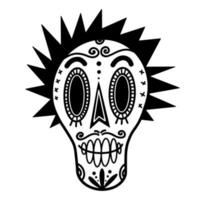 White sugar skull vector icon. Hand-drawn doodle isolated on white. Painted face of a man with a mohawk. Festive mask for the day of the dead. Skeleton outline. Silhouette of a head with a pattern.