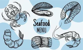 Seafood vector set. Hand-drawn illustration isolated on white. Sketches of crab, pieces of salmon, shrimp, mussels. Marine delicacies engraving. Japanese and Mediterranean food ingredients.