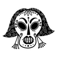 icono de vector de cráneo de azúcar blanco. garabato dibujado a mano aislado sobre fondo blanco. máscara festiva de una hermosa niña. boceto para el día de los muertos. mujer con bob, pendientes. cabeza con patrones pintados.