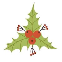 Holly vector icon. Hand-drawn illustration isolated on white background. Festive sprig of a plant with leaves, berries. Christmas branch of mistletoe. Flat cartoon style. Colored doodle.