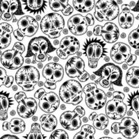 White sugar skulls seamless vector pattern. Hand-drawn illustration isolated on white background. Painted holiday masks of women, men. Sketch of faces. Bone outlining. Mexican Day of the Dead concept