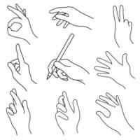 Right human hands vector icons set. Hand drawn illustration isolated on white background. Collection of gestures - draw, greeting, bye, win, ok, care, crossed fingers. Palm sketch, outline, doodle