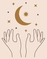 Moon and stars fly over two female hands. Vector icon symbol of astrology, astronomy, magic, space. Creation of the crescent and planets. Boho sign, clipart for decoration, cosmetics design, web