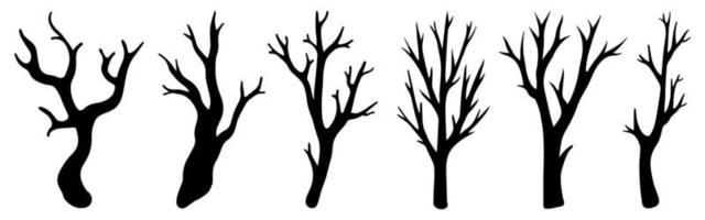 Dry leafless branches vector set. Hand-drawn illustration isolated on white background. Silhouettes of bare twigs. Collection of botanical sketches. Natural monochrome elements.