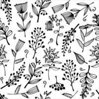 Flowers, branches, herbs seamless vector pattern. Hand-drawn doodles on a white background. Field plants with inflorescences, leaves, berries. Botanical sketch. Natural monochrome concept.