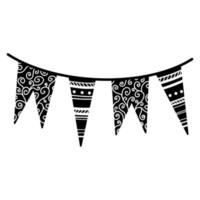 Festive garland vector icon. Hand-drawn illustration isolated on white background. Black silhouette of solemn flags. Banner with spiral, striped patterns. Birthday, party element. Monochrome.