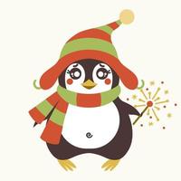 Cute cartoon penguin with sparkler vector icon. Hand-drawn illustration isolated on white background. Antarctic bird in a Christmas cap, a striped scarf. Flat style, childish concept.