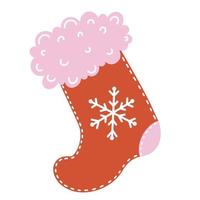 Empty Christmas sock vector icon. Hand-drawn illustration isolated on white background. Red stocking with pink fur, patch, snowflake. Cute holiday concept in flat style. Simple colored doodle.