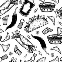 Traditional Mexican food, drinks seamless vector pattern. Hand-drawn illustration isolated on white background. Sketch of burrito, nachos, tacos, tequila, hot pepper. Monochrome outline of a snack.