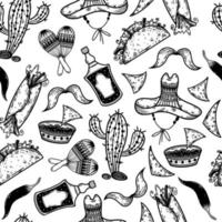 Mexican day of the dead elements seamless vector pattern. Hand-drawn illustration isolated on white. Traditional holiday symbols are sombrero, cactus, maracas, fast food, tequila. Monochrome concept.