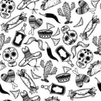 Day of the dead seamless vector pattern. Hand-drawn illustration isolated on white background. Traditional Mexican symbols - skulls, maracas, sambreros, fast food, cactus. Monochrome backdrop.