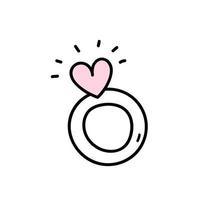 lindo anillo con diamante en forma de corazón aislado sobre fondo blanco. ilustración vectorial dibujada a mano en estilo garabato. perfecto para diseños, tarjetas, decoraciones, invitaciones para el día de San Valentín. vector