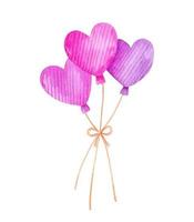 juego de acuarela con un montón de globos festivos en forma de corazón en colores púrpura y rosa aislados en fondo blanco. clipart romántico para el día de san valentín. perfecto para tarjetas de felicitación, invitaciones, decoración. vector