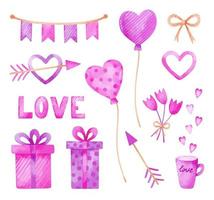Valentine's day watercolor set with pink and purple balloons, gifts, garland, flowers, arrows and hearts. Festive romantic design. Perfect for your project, greeting cards, covers, stickers, decor. vector