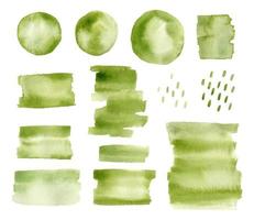 Set of abstract watercolor stains and brushstrokes of green color isolated on white background. Round and rectangular paint spots. Perfect for decorations, cards, various designs. vector