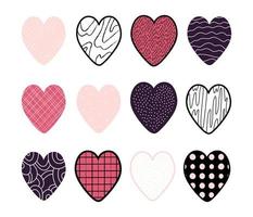 set de 12 corazones de diferentes estampados en el día de los enamorados o boda. elementos multicolores y elegantes para el diseño de tarjetas, invitaciones, carteles, publicidad. ilustración vectorial vector