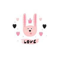 linda ilustración vectorial de conejito. divertido animal de dibujos animados. se puede utilizar para el diseño de camisetas para niños o bebés. oso de peluche rosa con corazones. amor - texto escrito a mano vector
