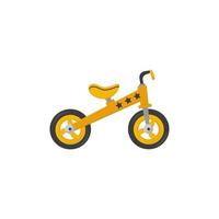 Yellow children's balance bike isolated on white background image. Teaching children to ride a bike, keep balance, pushing off the ground. Vector graphics